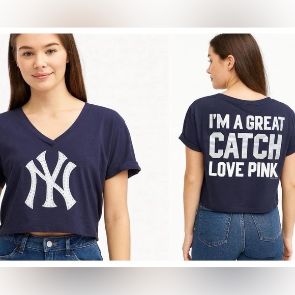 VS PINK x 5th & Ocean Yankees Crop Top Tee M 2012 Retired Rhinestone Logo Rare - Picture 1 of 11